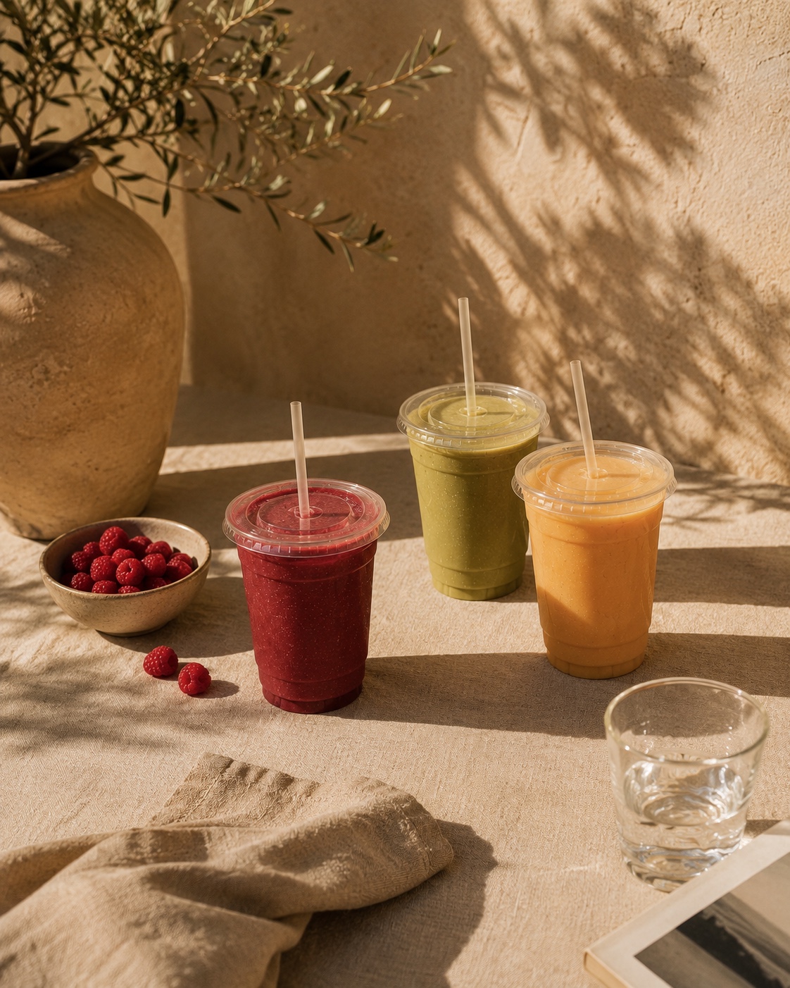 Three fresh wellness drinks in warm natural light