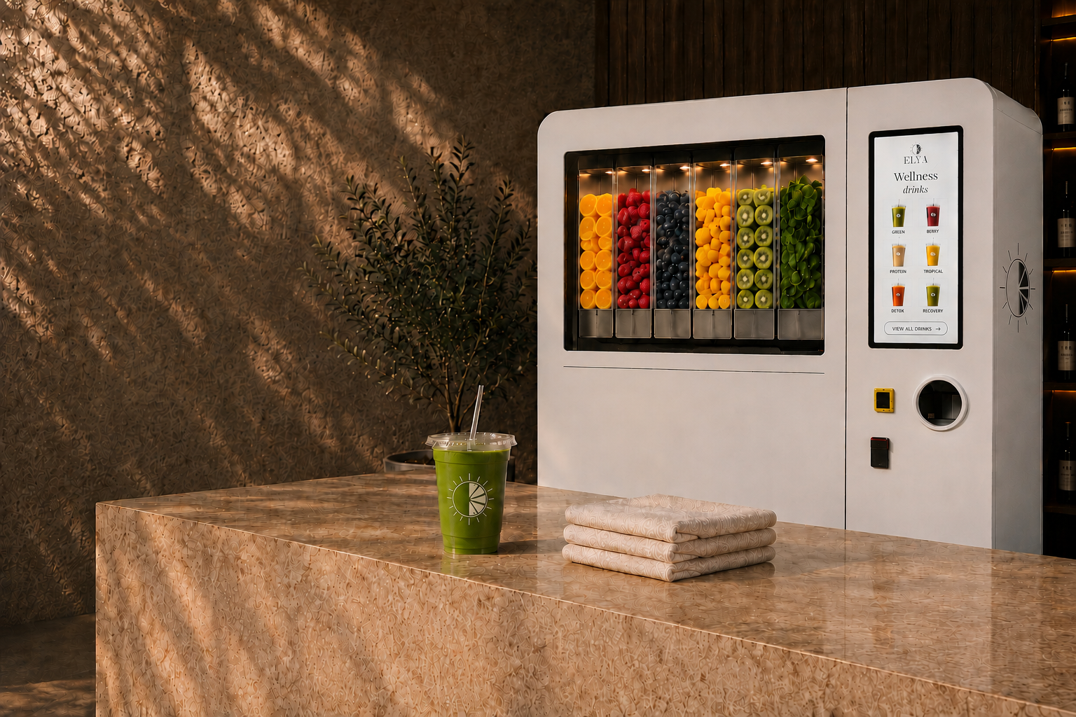 ELYA autonomous blending station in a warm premium studio setting