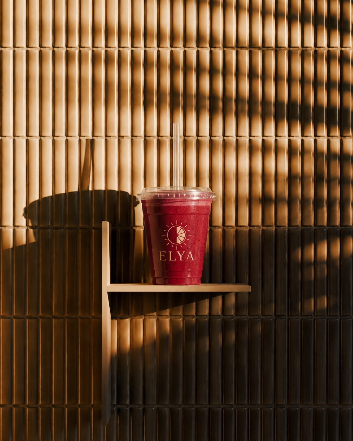 Berry wellness drink on a minimal shelf